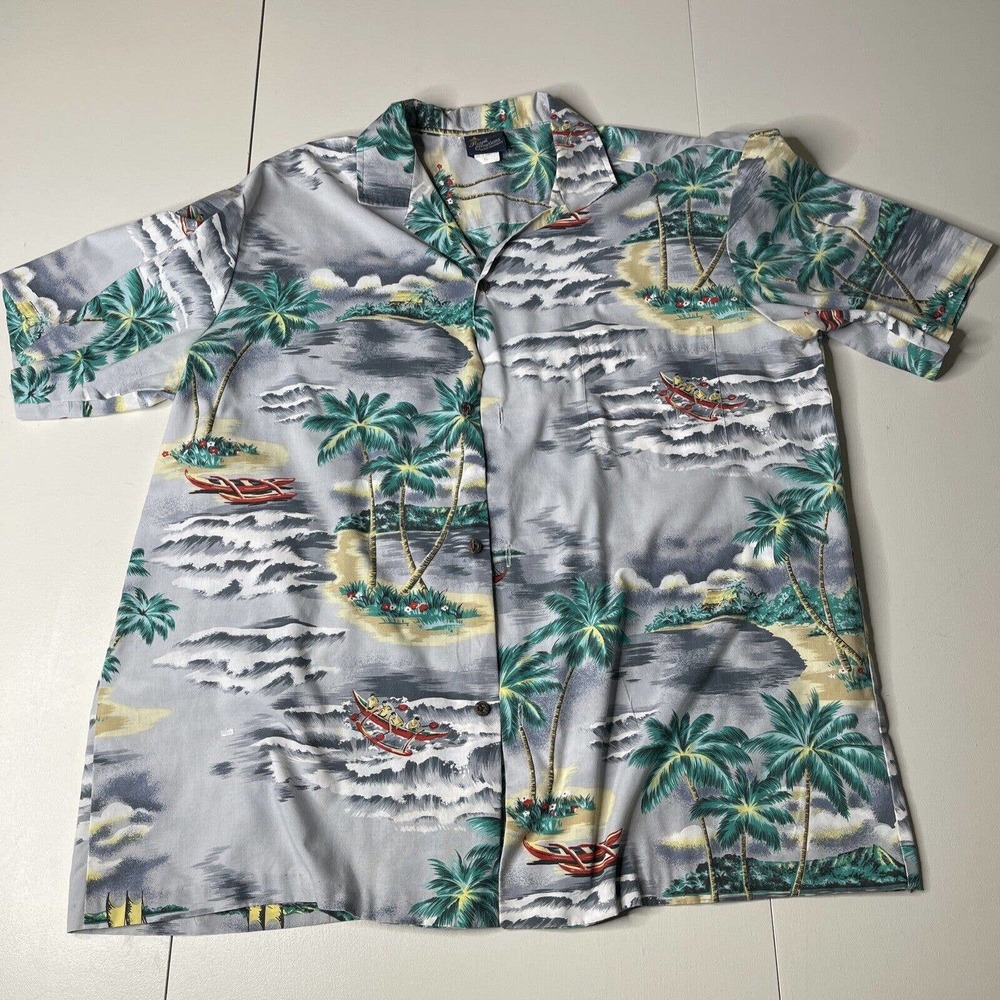 Hawaiian Shirt Men XL Grey Palm Trees Canoe Beach Button Up Royal Creations C1
